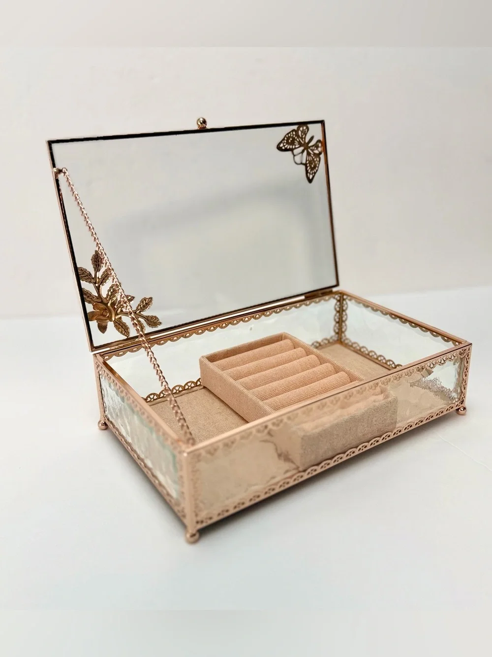 Rose Gold Glass Jewelry Box Butterfly Floral Design Ring Organizer Display Case